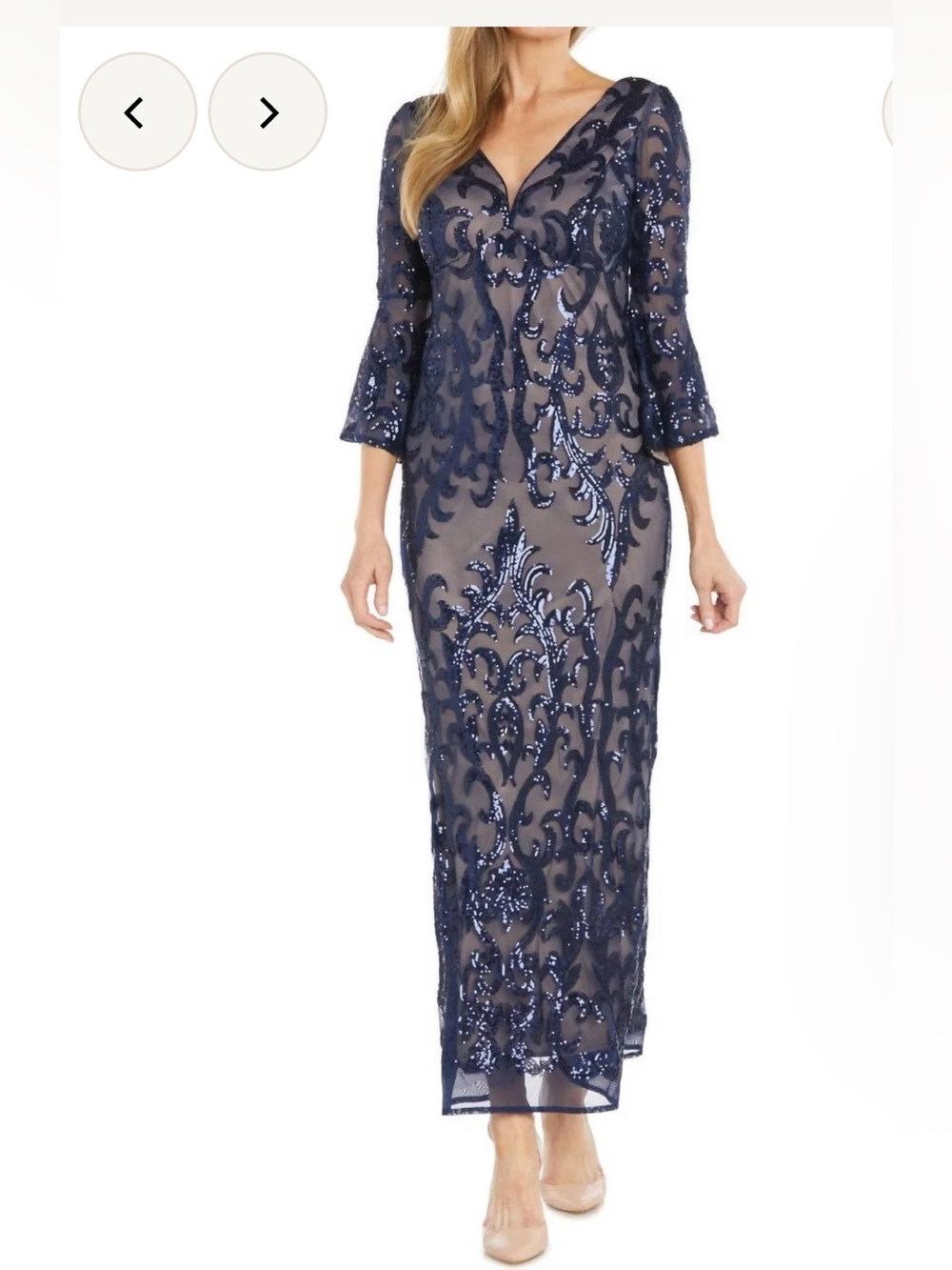 R&M Richards Navy Sequin Embellished V-Neck Maxi Dress